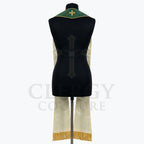 Back view of the green Eucharist Stole on a mannequin, showing the cream-toned reverse and gold cross at the yoke.