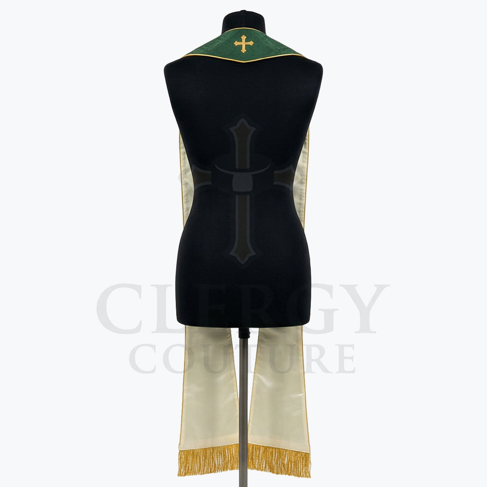 Back view of the green Eucharist Stole on a mannequin, showing the cream-toned reverse and gold cross at the yoke.