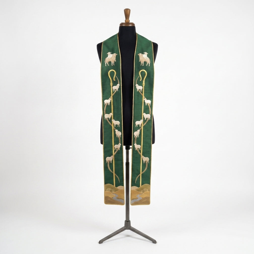 Front view of the Good Shepherd Stole with an embroidered crook, sheep trail and hillside scene