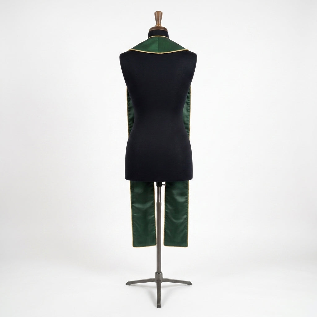 Back view of the Good Shepherd Stole showing plain green satin with gold edge piping at the seam