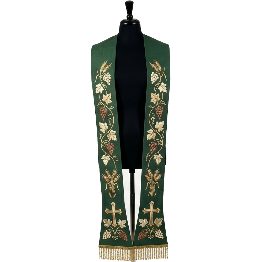 Front view of the Green Grapevine, Wheat and Cross Stole with a gold cross set near the hem