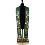 Front view of the Green Grapevine, Wheat and Cross Stole with a gold cross set near the hem