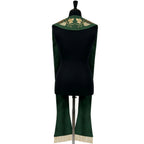 Shoulder detail of the Green Grapevine Stole showing embroidery crossing onto the back panel