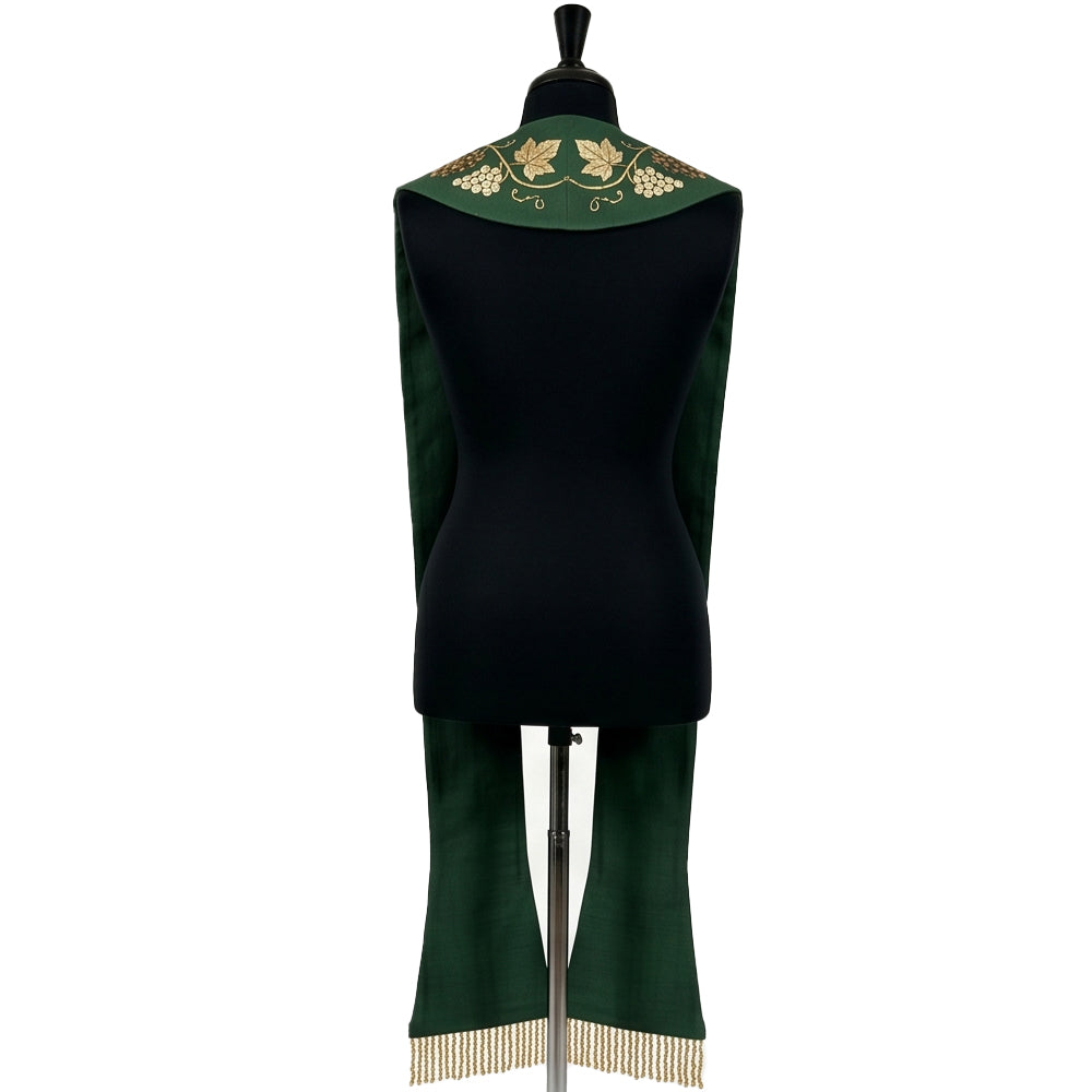 Shoulder detail of the Green Grapevine Stole showing embroidery crossing onto the back panel