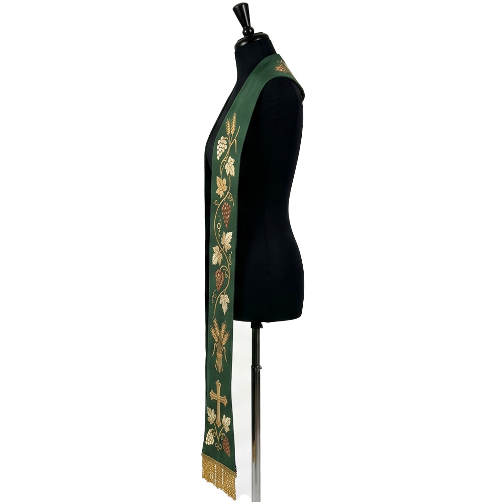 Side profile of the Green Grapevine, Wheat and Cross Stole with gold beaded fringe at the hem