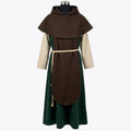 Front view of a forest green wool monk habit with a brown scapular, wide pellegrina collar and cream sleeves.