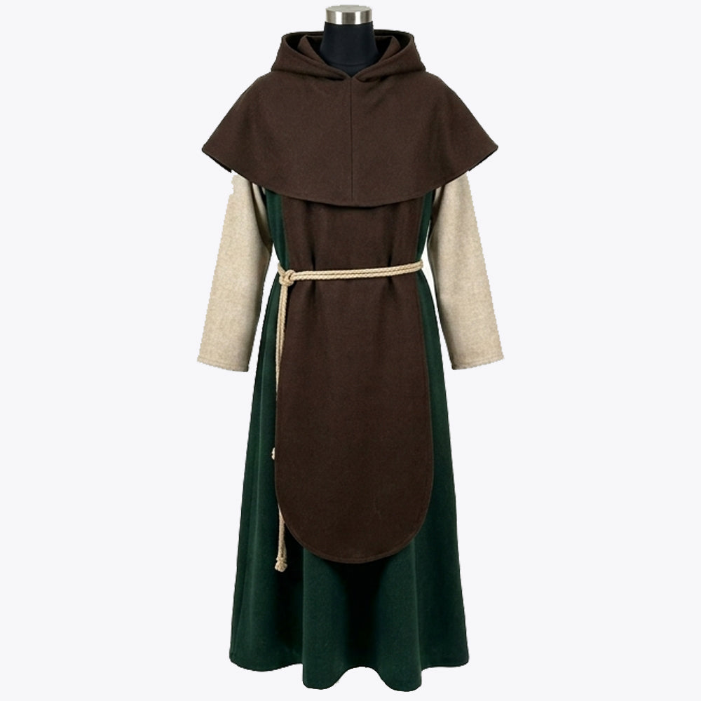 Front view of a forest green wool monk habit with a brown scapular, wide pellegrina collar and cream sleeves.