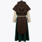 Back view of the forest green habit showing the pellegrina collar and brown scapular over a fuller flared hem.