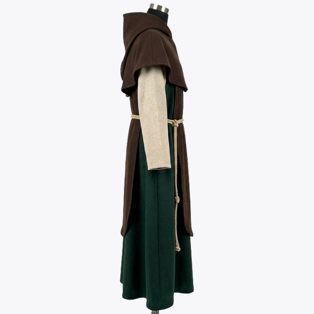 Side profile of the green monk habit showing the pointed hood, layered collar and tan rope cincture with tassels.