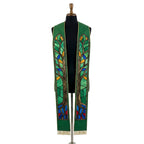Green Tree of Life clergy stole on a bust form, both panels showing the stained-glass tree design and gold fringe hem.