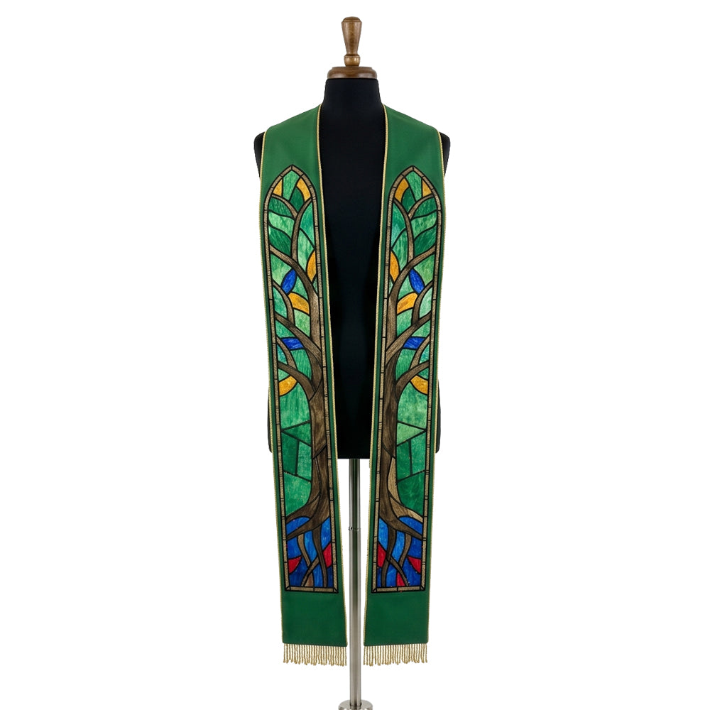 Green Tree of Life clergy stole on a bust form, both panels showing the stained-glass tree design and gold fringe hem.