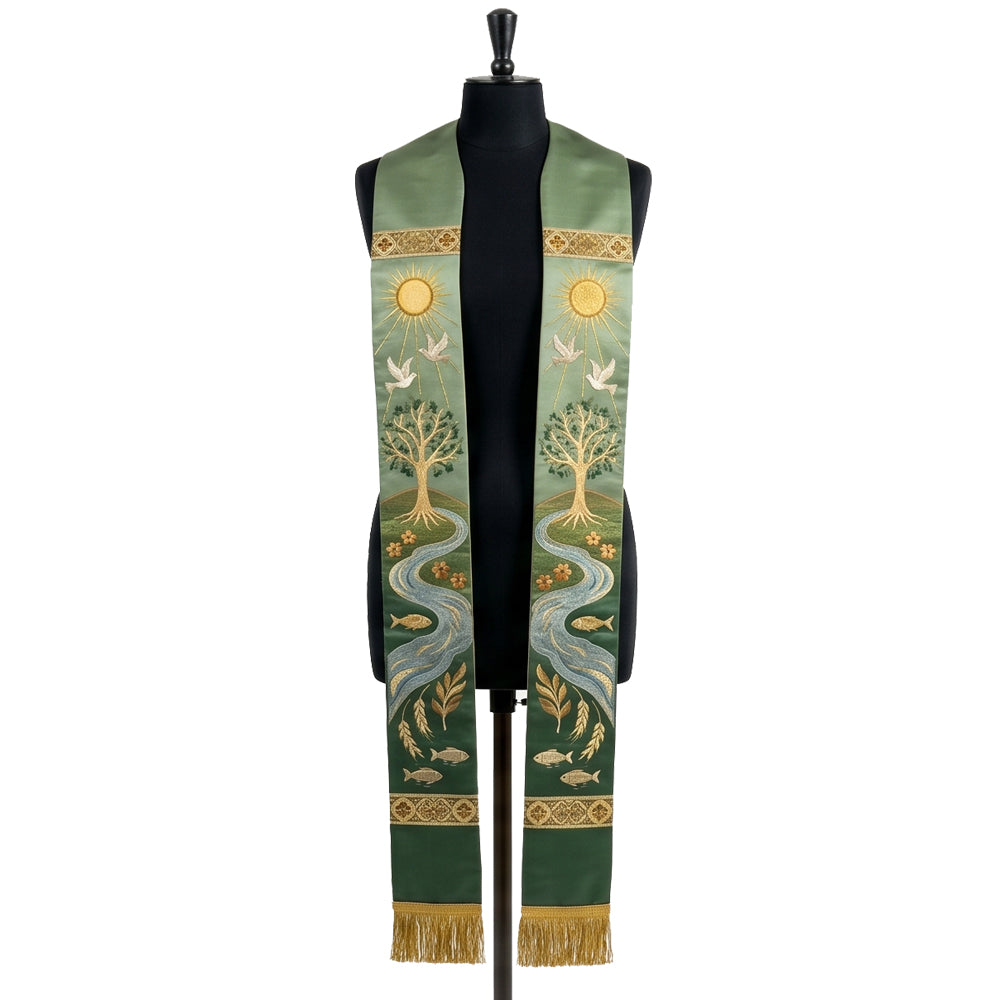 Green ombre stole on a mannequin, gold tree of life, river with fish and doves on both panels.