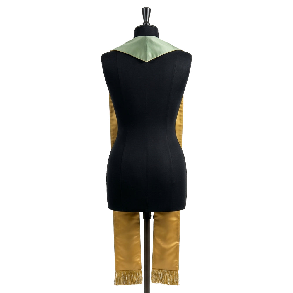 Back view of the green ombre stole showing the gold-toned lining and sage-green neck yoke.
