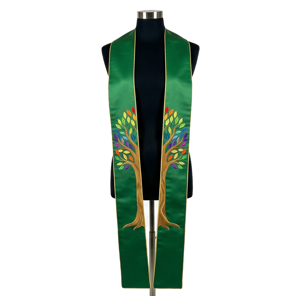 Front view of the Green Tree of Life Stole with a multicolour leaf canopy low on each panel