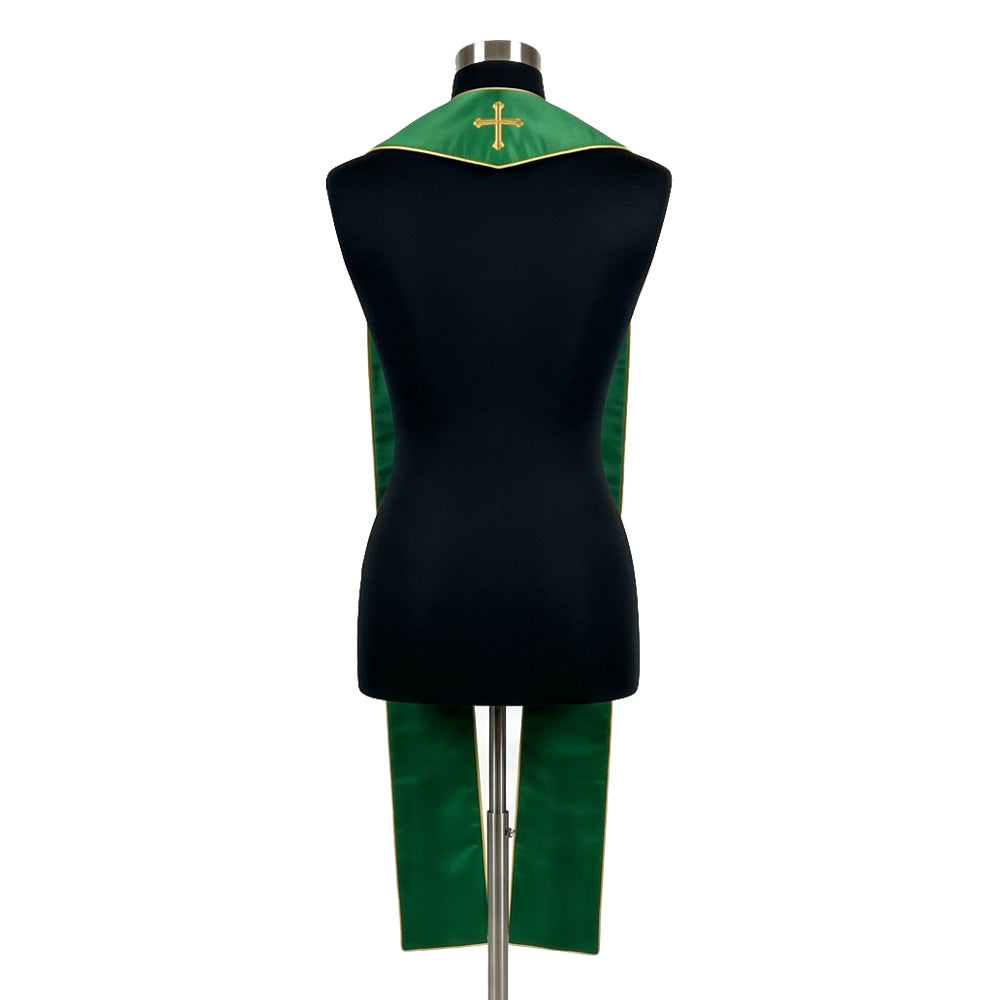Back view of the Green Tree of Life Stole in plain satin-faced cloth with a small gold outline cross