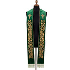 Front view of the green velvet-look Celtic Cross Stole, velvet-look throughout, with interlaced gold knotwork on both panels
