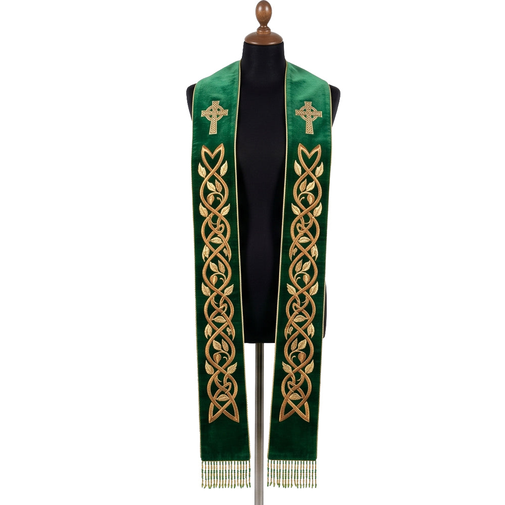 Front view of the green velvet-look Celtic Cross Stole, velvet-look throughout, with interlaced gold knotwork on both panels