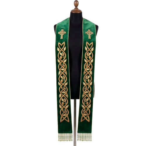 Front view of the green velvet-look Celtic Cross Stole, velvet-look throughout, with interlaced gold knotwork on both panels