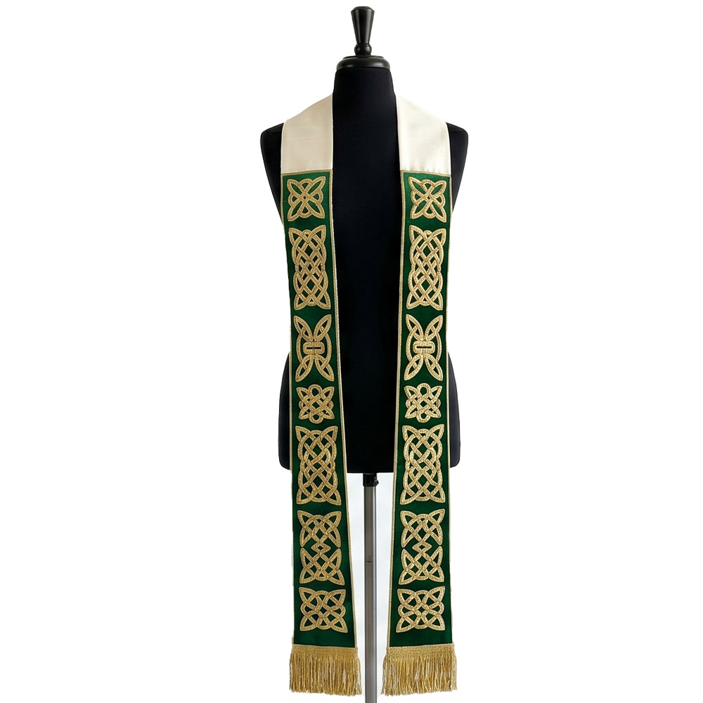 Front view of the green velvet-look Celtic Knotwork Stole with gold interlace and ivory satin-look shoulders