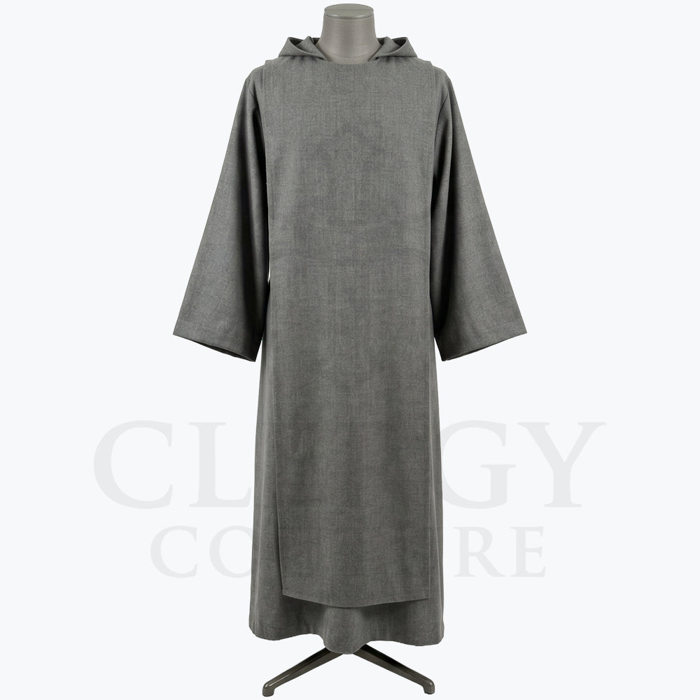 Front view of a heather-grey Benedictine-style monk habit with a tonal scapular and pointed hood