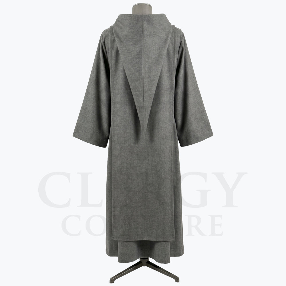 Back view of the grey monk habit showing the scapular's triangular point and hood seam