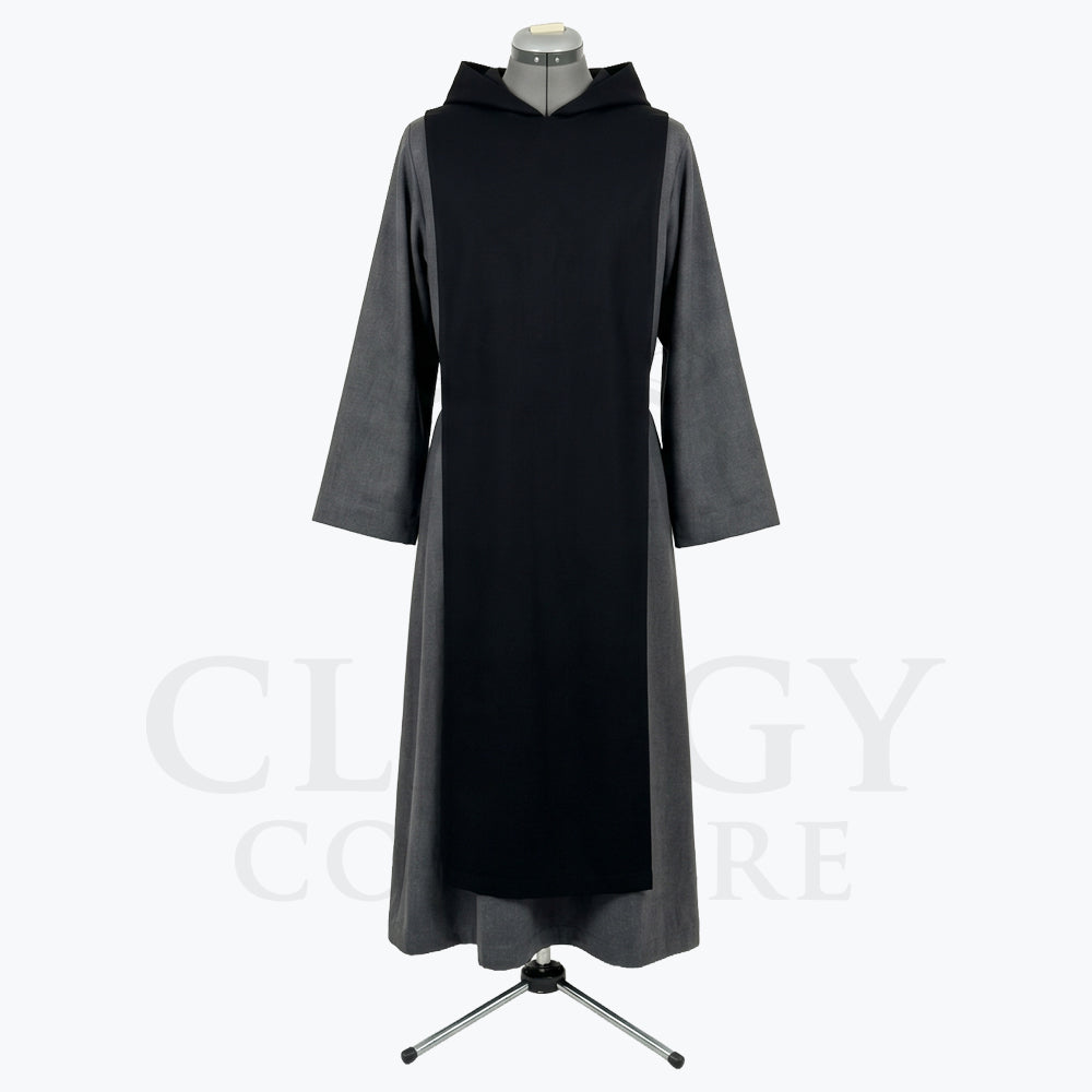Front view of a grey monk habit with a contrasting black scapular and matching hood