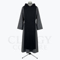 Front view of a grey monk habit with a contrasting black scapular and matching hood
