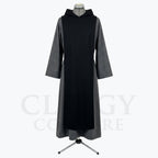 Front view of a grey monk habit with a contrasting black scapular and matching hood