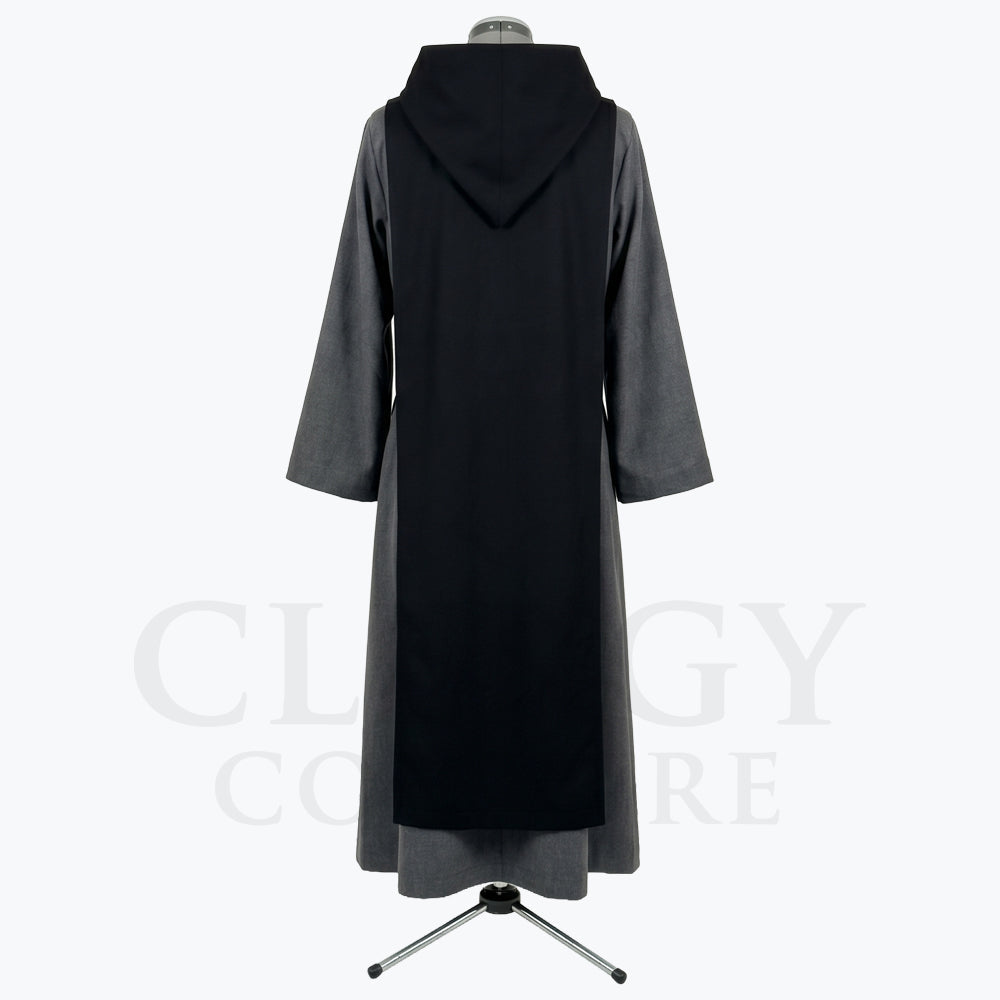 Back view of the grey monk habit showing the black scapular repeated as a back panel