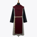 Front view of a grey monk habit with a burgundy scapular and rounded pellegrina hood