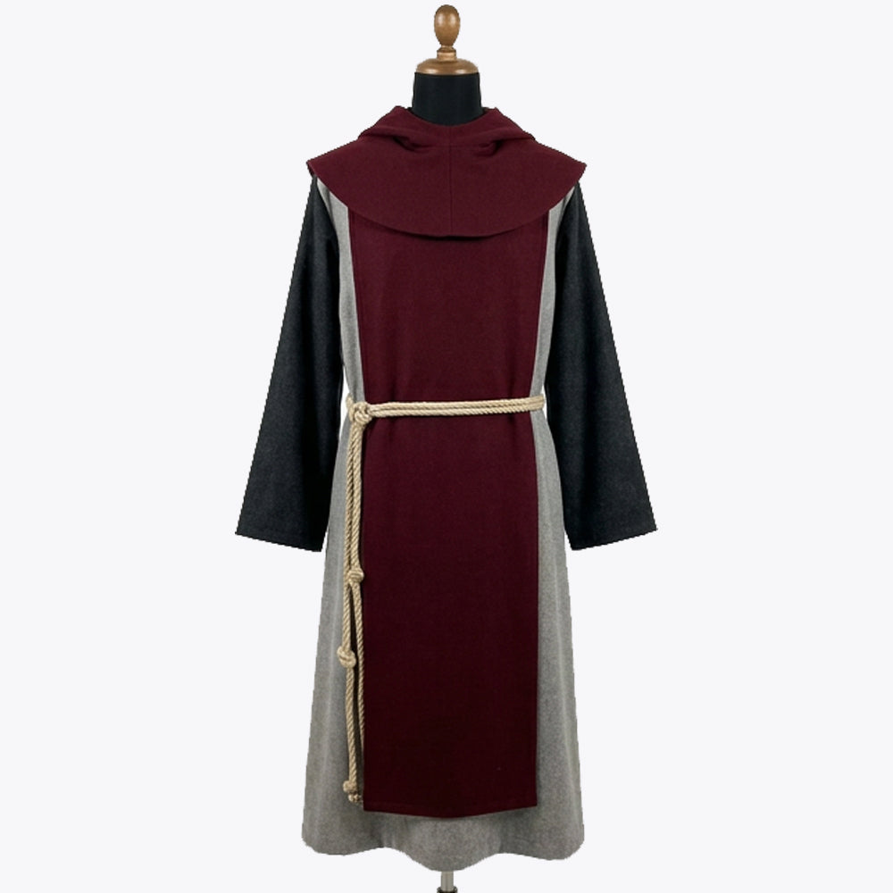 Front view of a grey monk habit with a burgundy scapular and rounded pellegrina hood