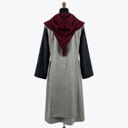 Back view of the grey monk habit showing the burgundy hood's pointed back peak clearly