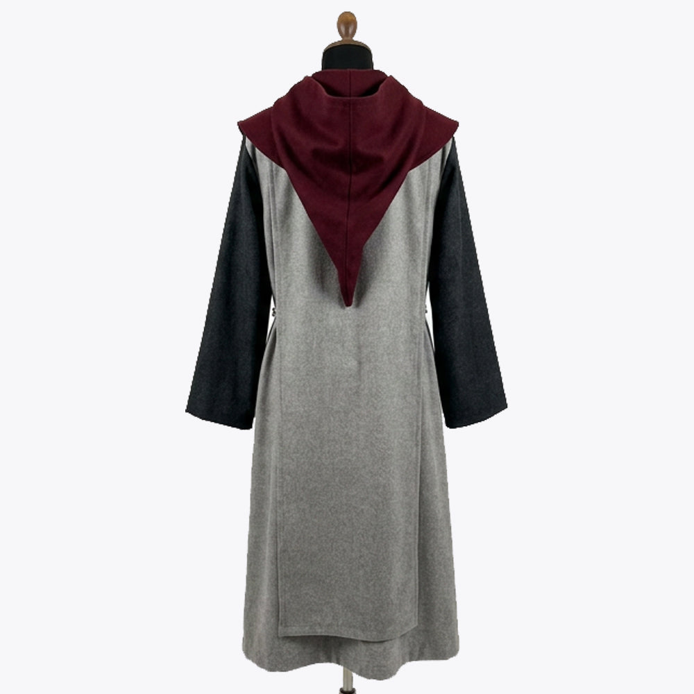 Back view of the grey monk habit showing the burgundy hood's pointed back peak clearly