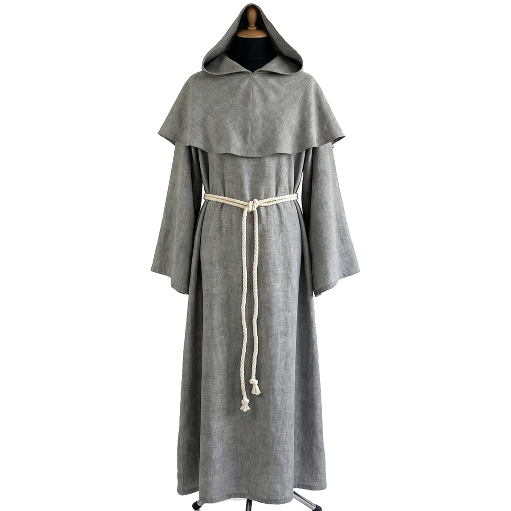 Front view of a grey monk habit with a rounded capelet, pointed hood and ivory rope cincture