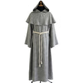 Front view of a grey monk habit with a rounded capelet, pointed hood and ivory rope cincture