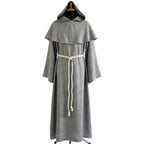 Front view of a grey monk habit with a rounded capelet, pointed hood and ivory rope cincture