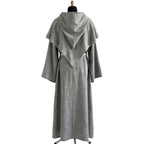Back view of the grey monk habit showing the capelet's rounded edge draping over the shoulders