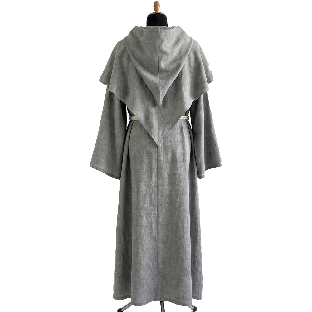 Back view of the grey monk habit showing the capelet's rounded edge draping over the shoulders