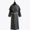Front view of a plain heather grey wool monk habit with a wide cowl collar and no scapular panel.