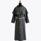 Front view of a plain heather grey wool monk habit with a wide cowl collar and no scapular panel.