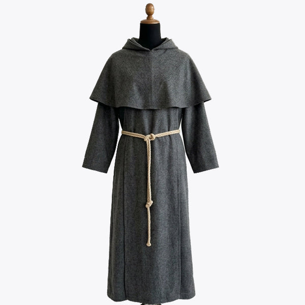 Front view of a plain heather grey wool monk habit with a wide cowl collar and no scapular panel.