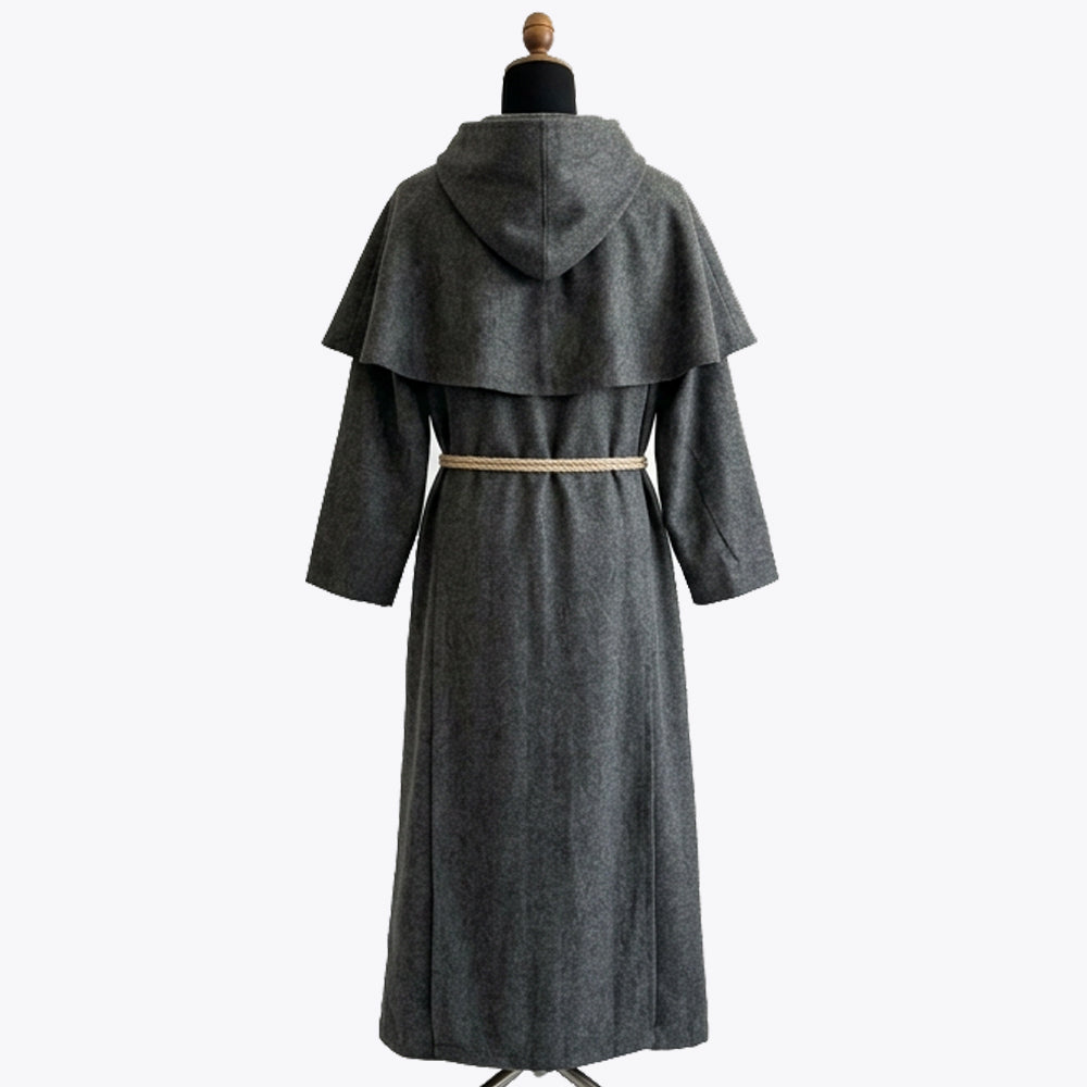 Back view of the grey habit showing the unbroken skirt beneath the wide cowl collar.