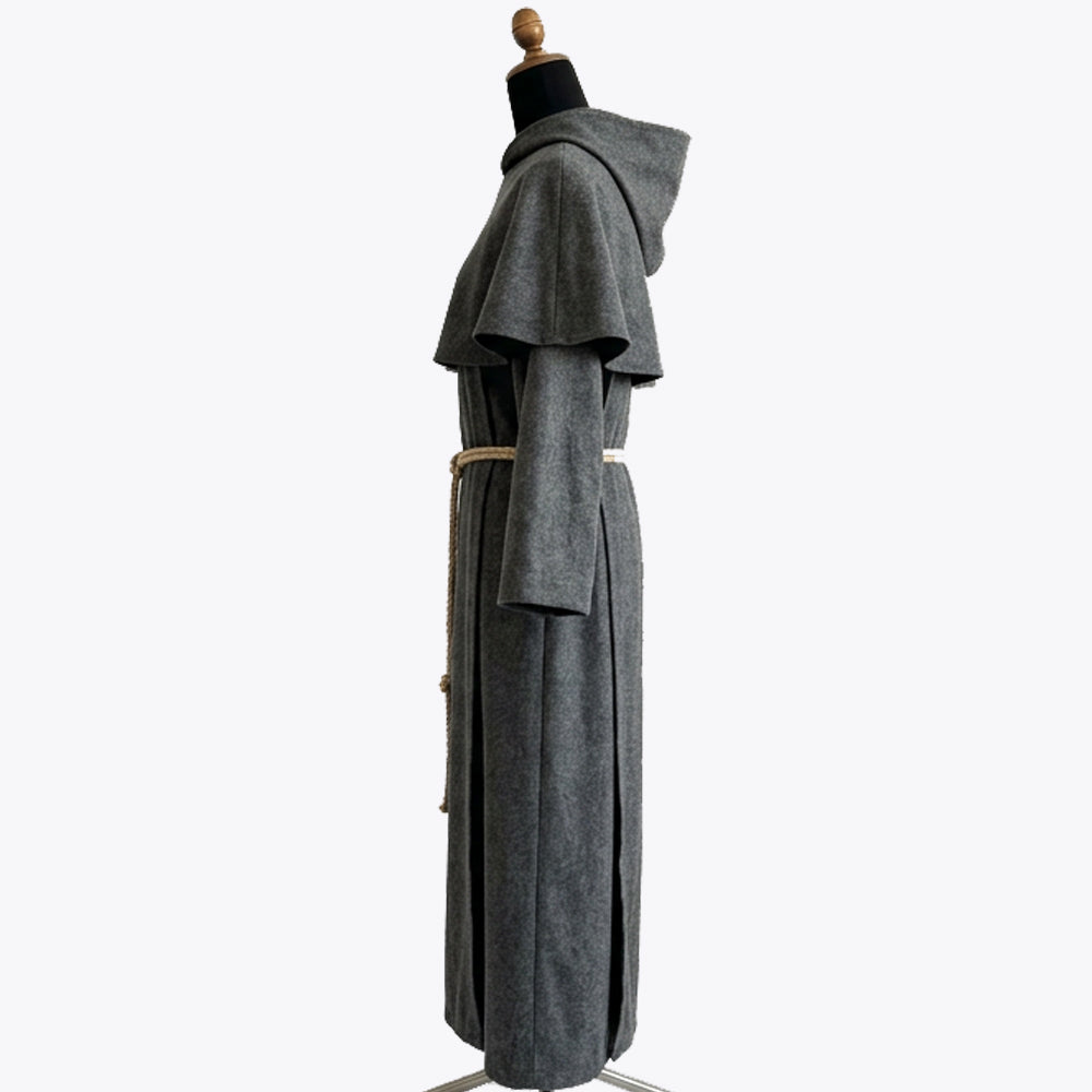 Side profile of the grey monk habit showing the cowl collar's depth and coarse flecked wool texture.