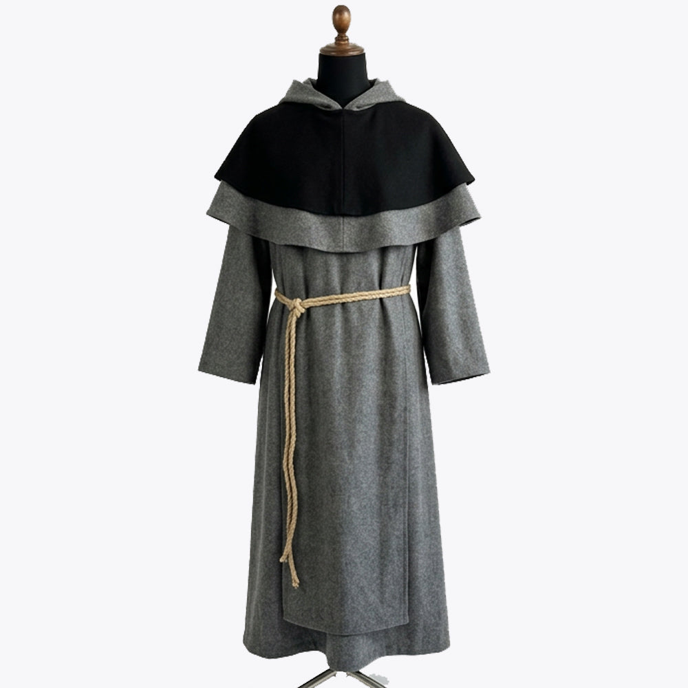 Front view of a heather grey wool monk habit with a black-and-grey two-tier scalloped cape collar.