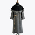 Front view of a heather grey wool monk habit with a black-and-grey two-tier scalloped cape collar.