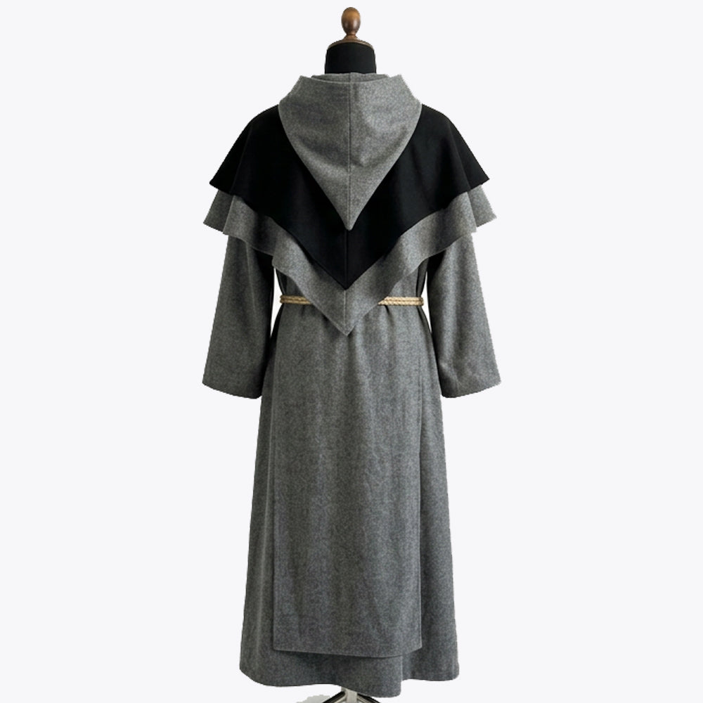 Back view of the grey habit showing the two-tier cape collar and plain skirt with a tan rope cincture.