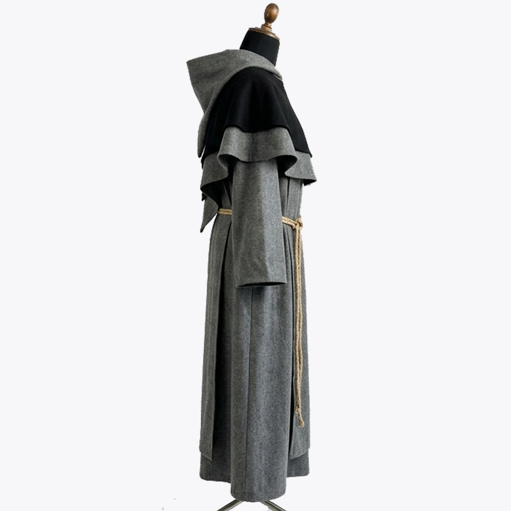 Side profile of the grey monk habit showing the cape collar's depth and the coarse flecked wool texture.