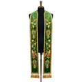 Green velvet-look Harvest Stole showing gold wheat, grape and cornucopia embroidery down both front panels.