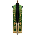 Green velvet-look Harvest Stole showing gold wheat, grape and cornucopia embroidery down both front panels.