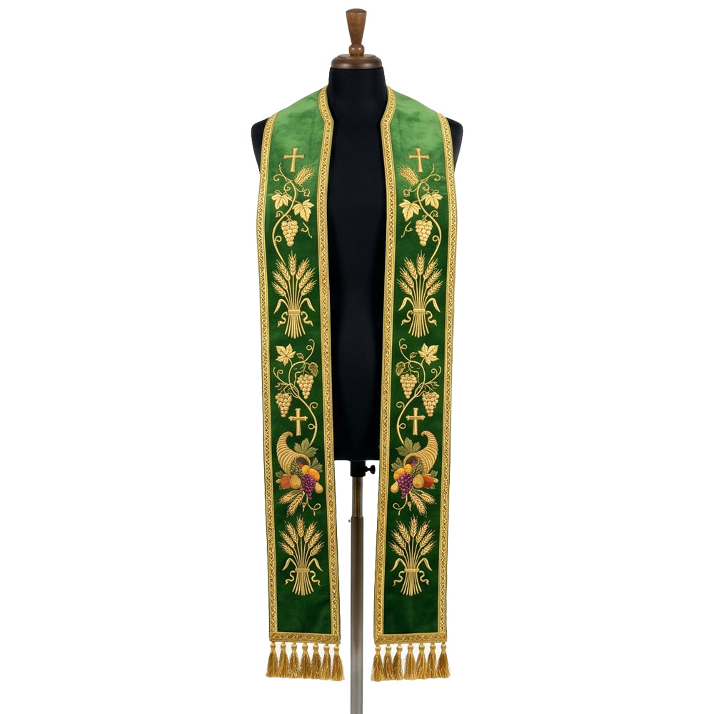 Green velvet-look Harvest Stole showing gold wheat, grape and cornucopia embroidery down both front panels.